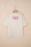 Pink Floral Patched Exposed Seam Oversized T-Shirt- 2 Colors