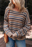 Tan Multi Openwork Striped Knit Drop Shoulder Crew Neck Sweater
