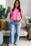 Ribbed Trim Crew Neck Ruffled Short Sleeve Sweater- 3 Colors