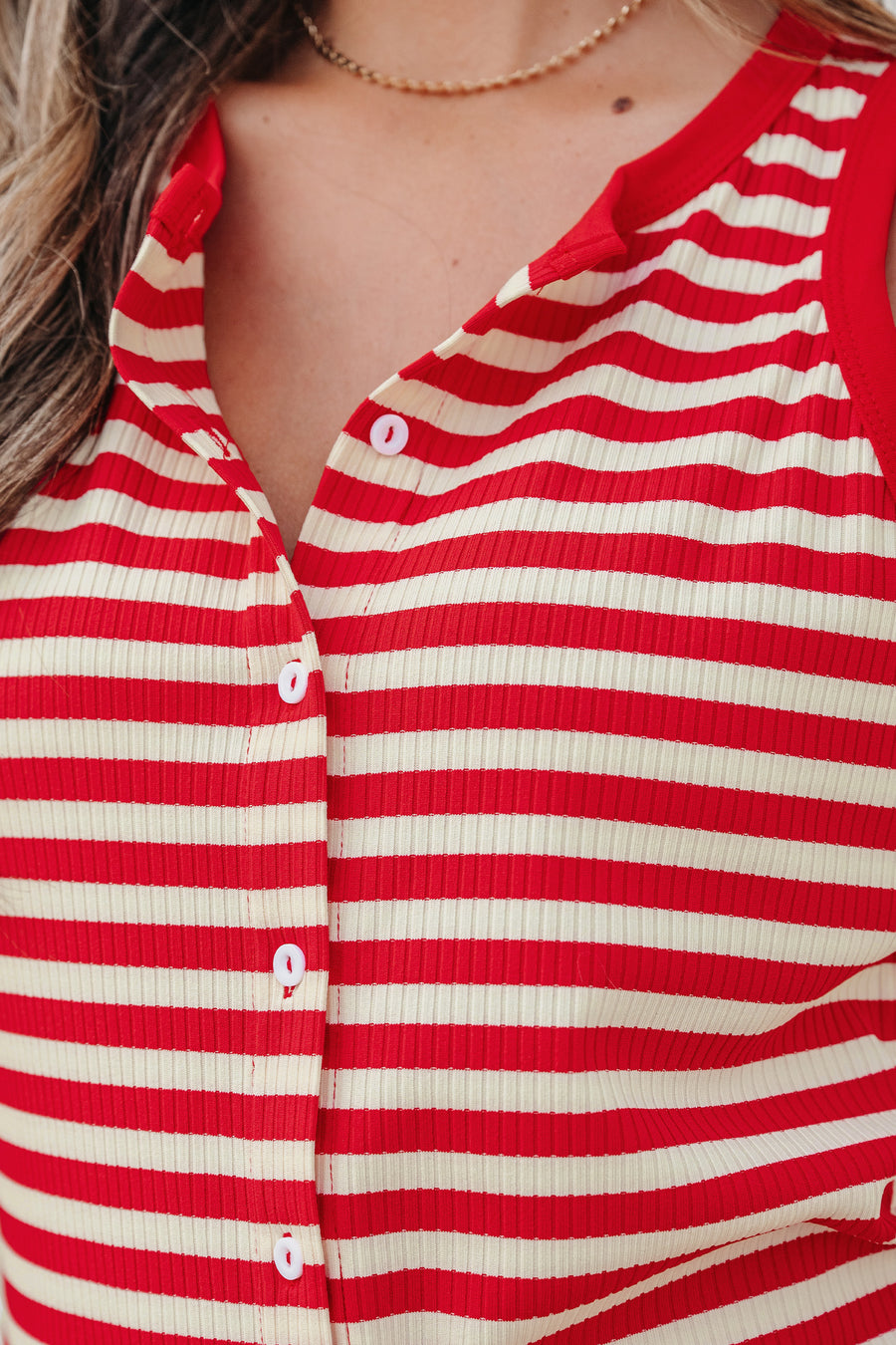 Red Striped Button-Up Ribbed Knit Tank Top