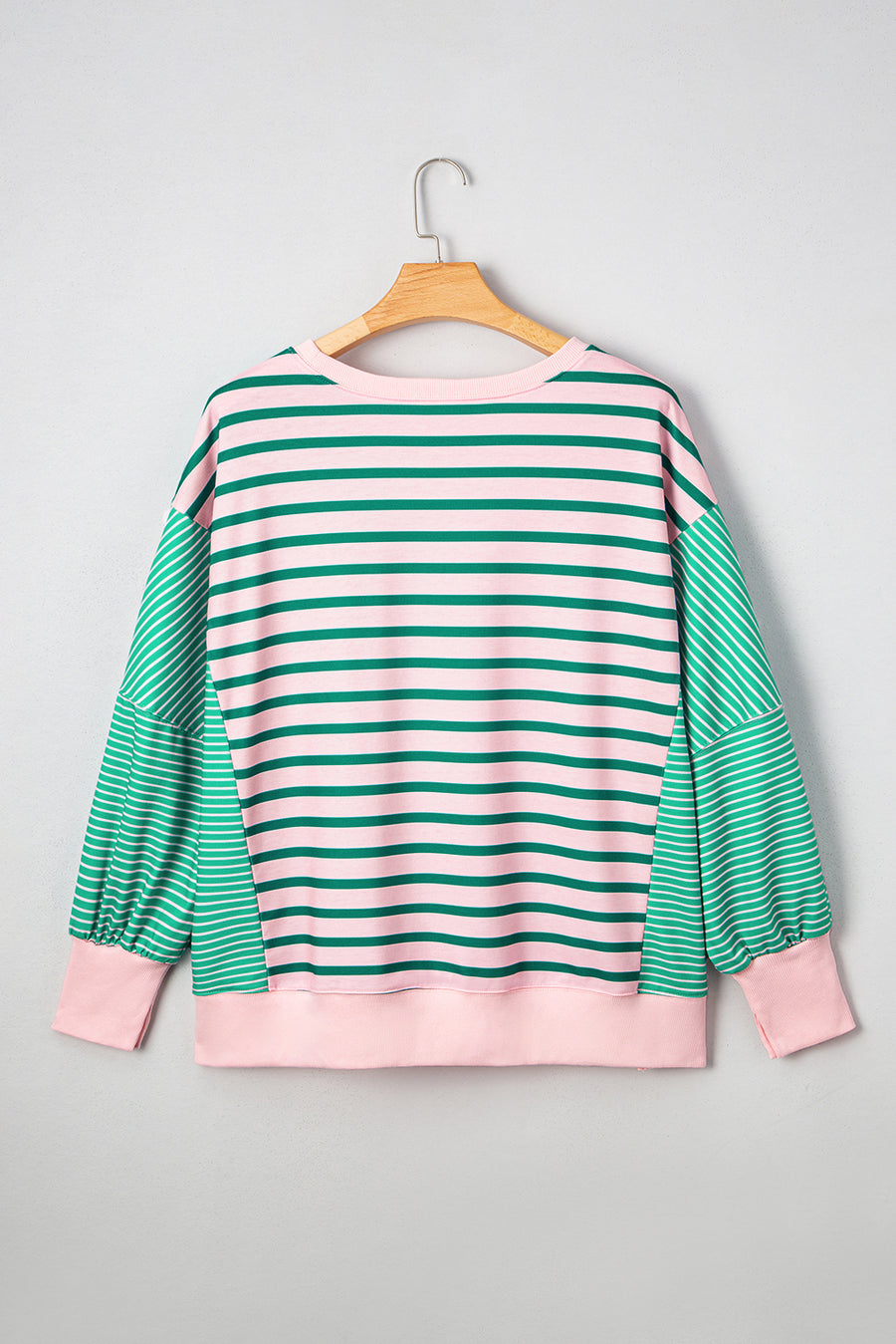 Plus Size Green & Pink Striped Color Block Patchwork Side Slit Sweatshirt