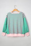 Plus Size Green & Pink Striped Color Block Patchwork Side Slit Sweatshirt
