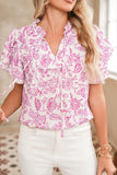 Pink Floral Ruffle Short Sleeve Frill Tie V-Neck Blouse