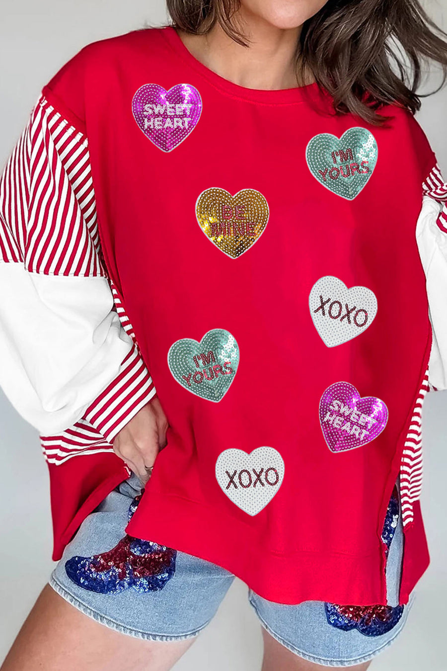 Red Sequin Hearts Striped Color Block Patchwork Drop Shoulder Crew Neck Sweatshirt 2