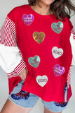 Red Sequin Hearts Striped Color Block Patchwork Drop Shoulder Crew Neck Sweatshirt 2