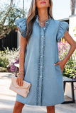 Frill Neck Button-Up Ruffled Short Sleeve Denim Mini Dress- 2 Colors