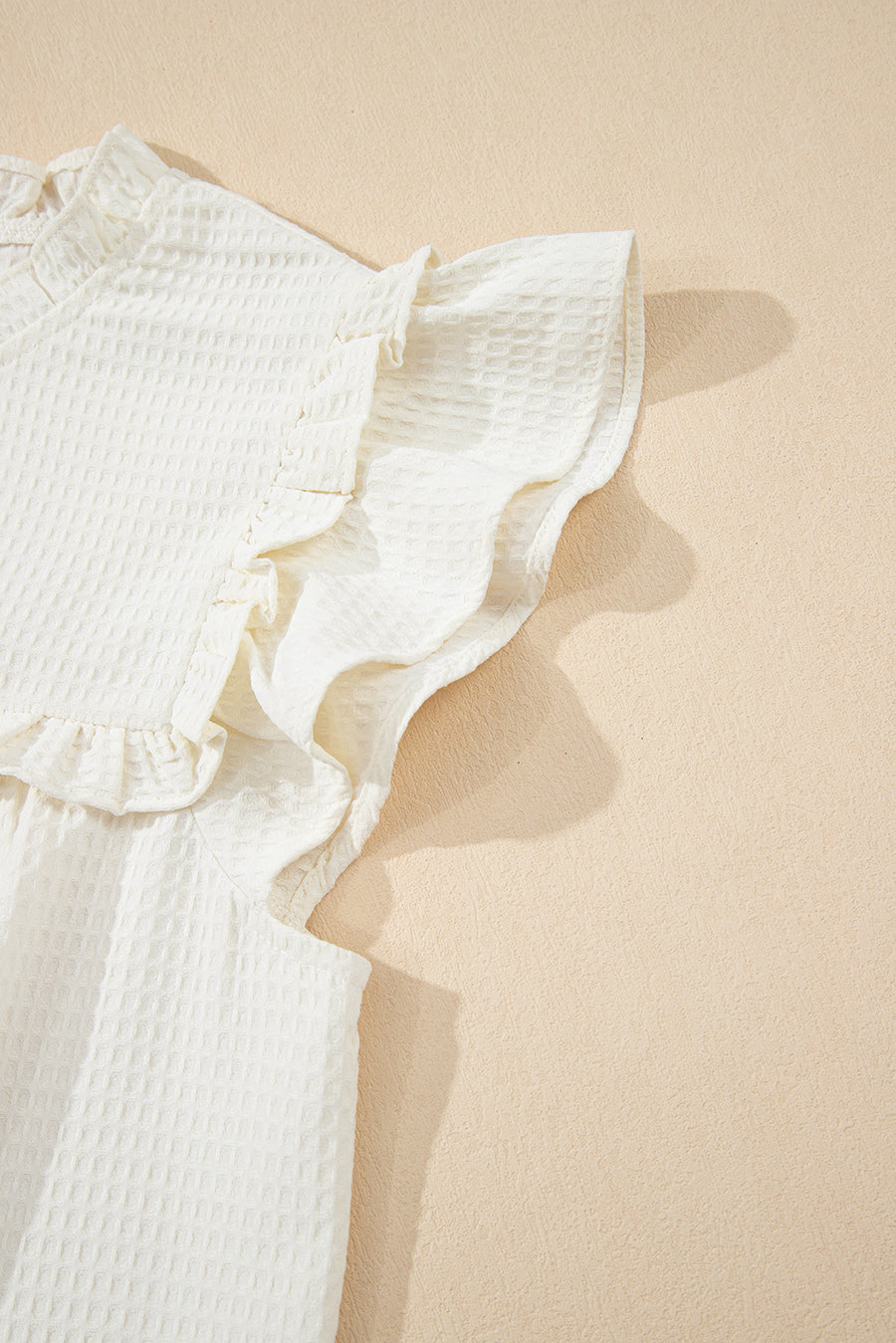 White Ruffle Trim Waffle Textured Short Sleeve Blouse