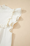 White Ruffle Trim Waffle Textured Short Sleeve Blouse