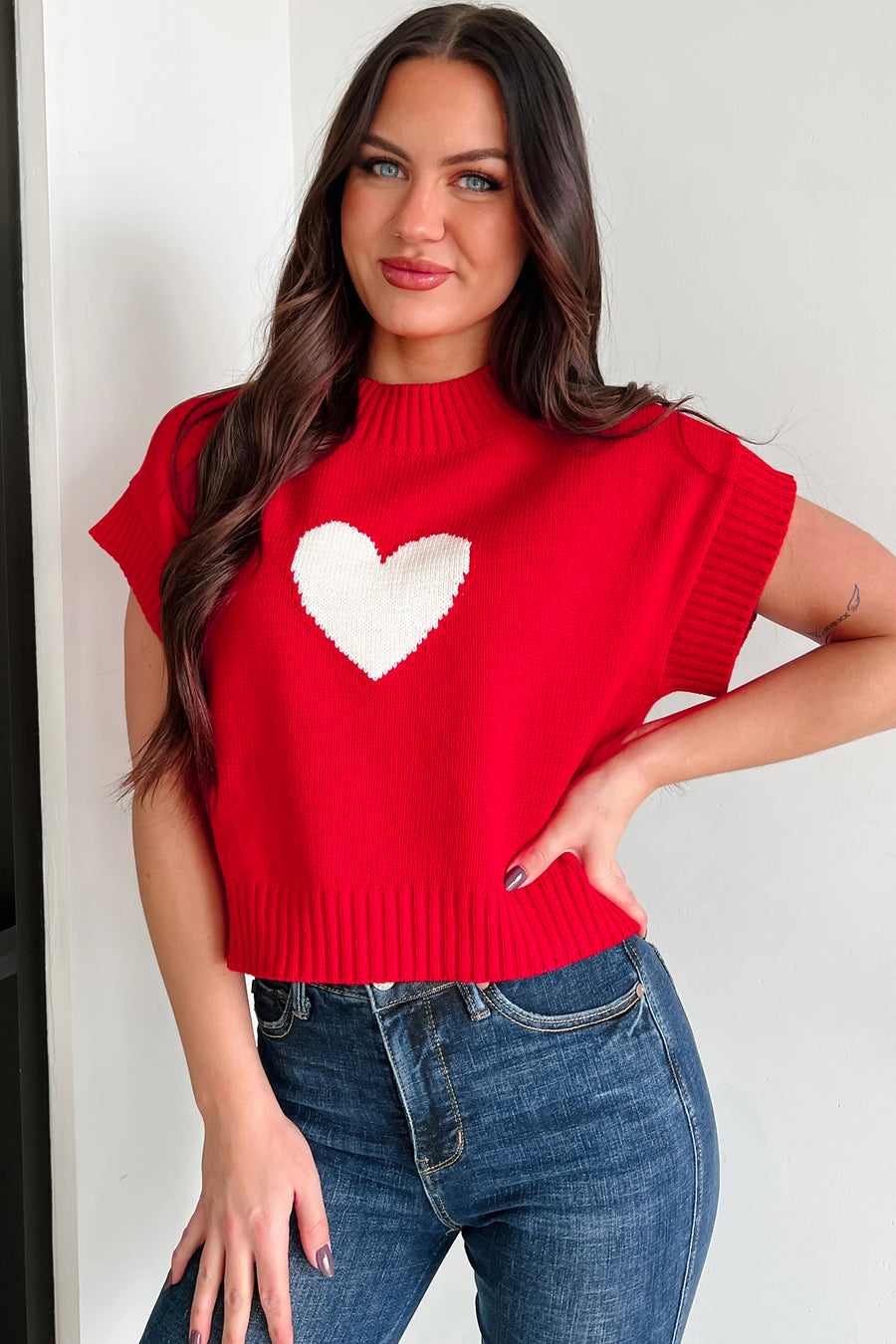 Heart Cropped Short Sleeve Mock Neck Sweater- 3 Colors