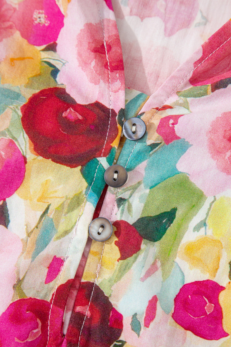 Pink Floral Frilled V-Neck Puff Short Sleeve Blouse