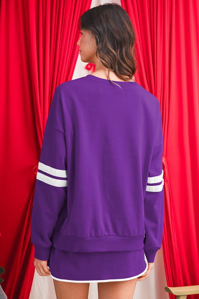 Tillandsia Purple Varsity Stripe Detail Drop Shoulder Pullover Mini Skort Set