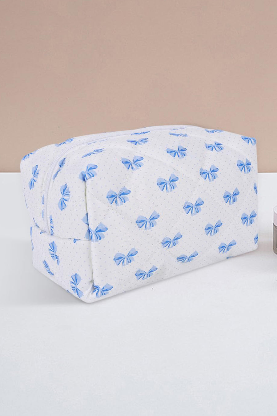 Blue & White Bow Print Quilted Zip-Up Makeup Bag