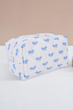 Blue & White Bow Print Quilted Zip-Up Makeup Bag