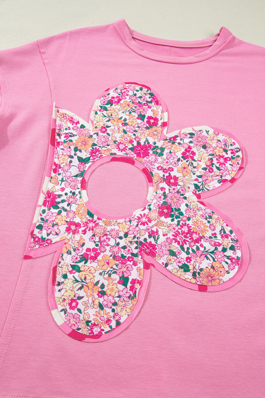 Pink Floral Patched Exposed Seam Oversized T-Shirt- 2 Colors