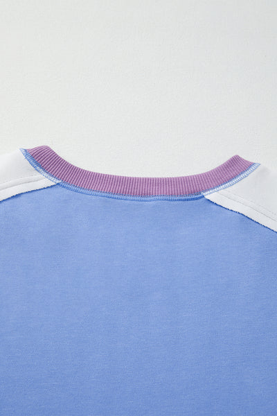 Blue Colorblock Patchwork Round Neck Pullover Sweatshirt