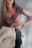 Burgundy Ruched Sweetheart Neck Ribbed Long Sleeve Top