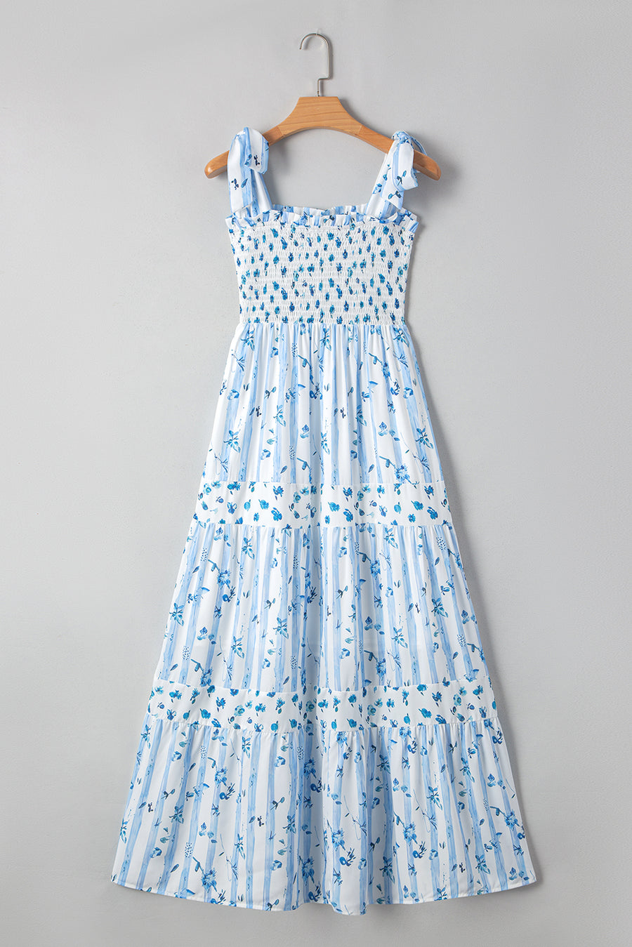 Blue Floral Striped Smocked A-Line Tie Strap Maxi Dress