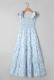 Blue Floral Striped Smocked A-Line Tie Strap Maxi Dress