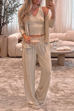 Oatmeal V-Neck Vest, Button-Up Cardigan, and Pants Pajama Set