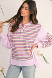 Pink Striped Patchwork Henley Sweatshirt