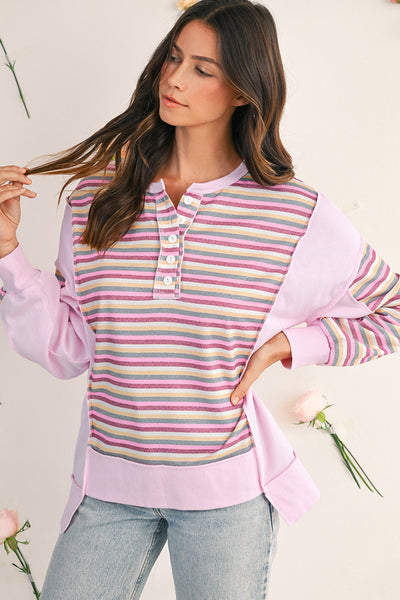 Pink Striped Patchwork Henley Sweatshirt