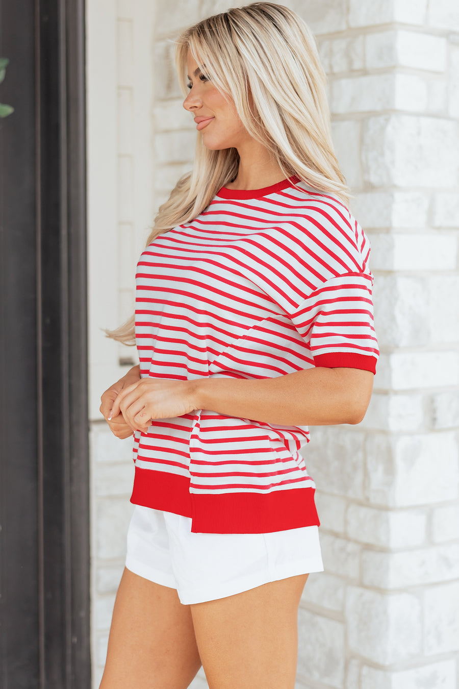 Red Striped Drop Shoulder Banded Short Sleeve T Shirt