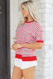 Red Striped Drop Shoulder Banded Short Sleeve T Shirt