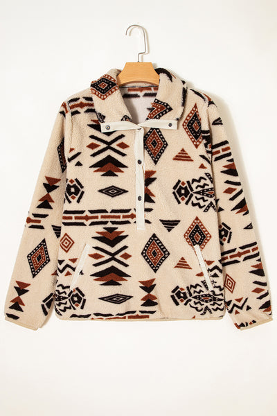 Beige Vintage Geometric Half Zip Plush Sweatshirt