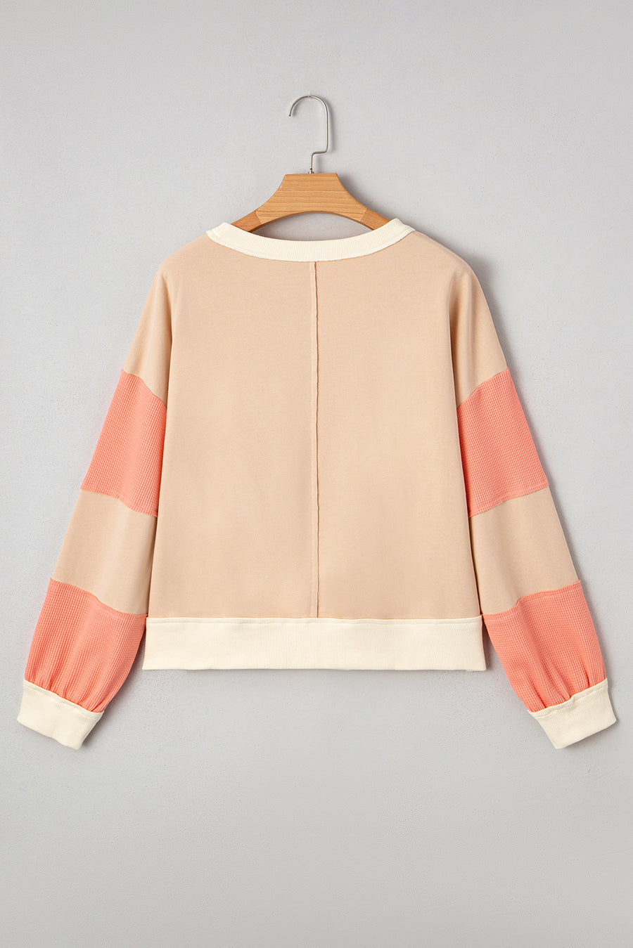 Beige Multi Waffle Knit Patchwork Color Block Pullover Sweatshirt