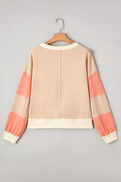 Light French Beige Waffle Textured Patchwork Pullover Sweatshirt
