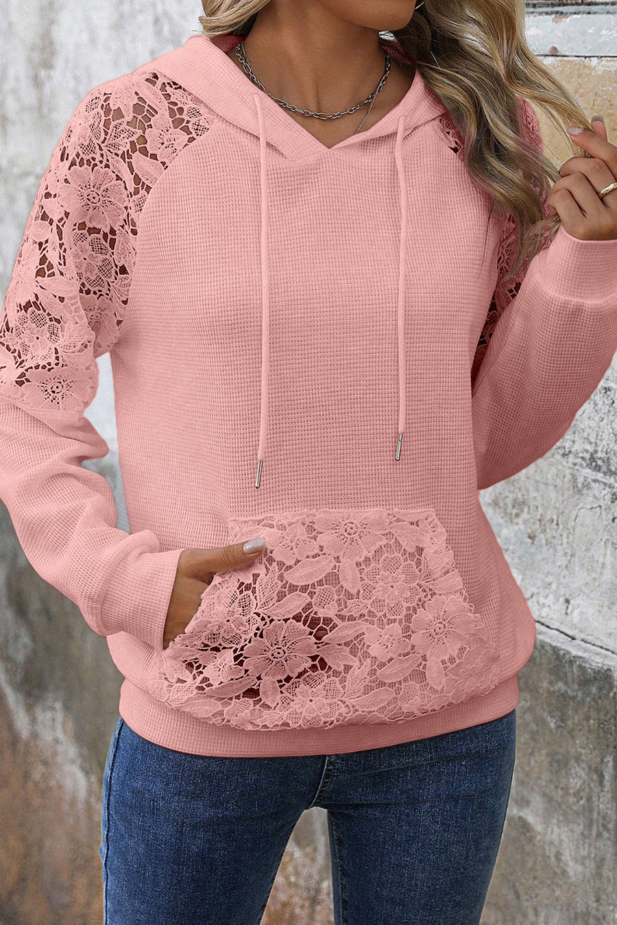 Lace Patchwork Raglan Sleeve Waffle Knit Hoodie with Pockets- 2 Colors