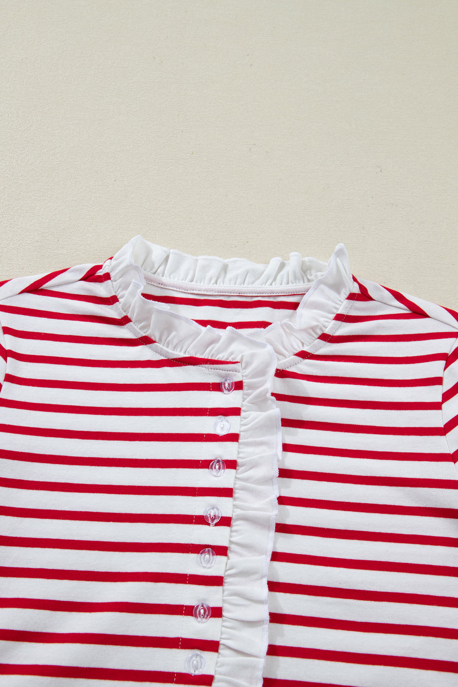 Red Stripe Contrast Frill Neck Half Button-Up Long Sleeve Top
