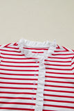Red Stripe Contrast Frill Neck Half Button-Up Long Sleeve Top