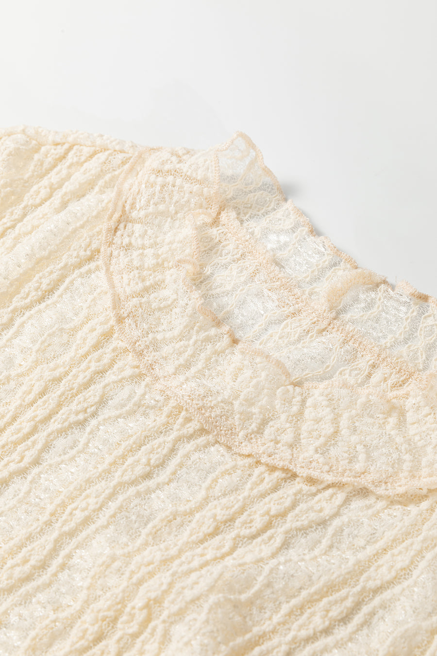 Light Pink Flounced Long Sleeve Mock Neck Sheer Lace Top