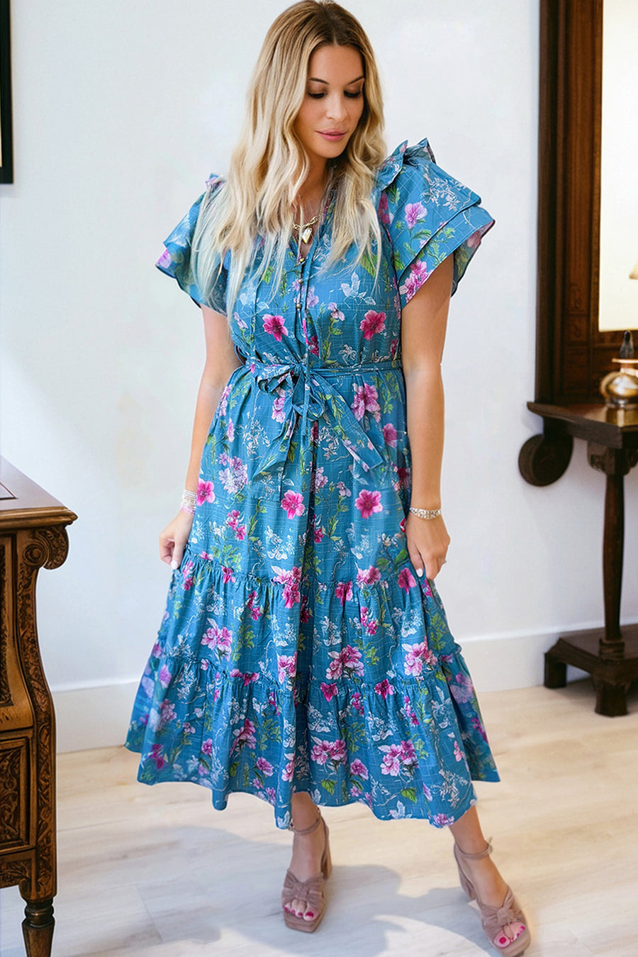 Blue Floral Flutter Sleeve Tie Neck Belted Midi Dress