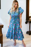 Blue Floral Flutter Sleeve Tie Neck Belted Midi Dress