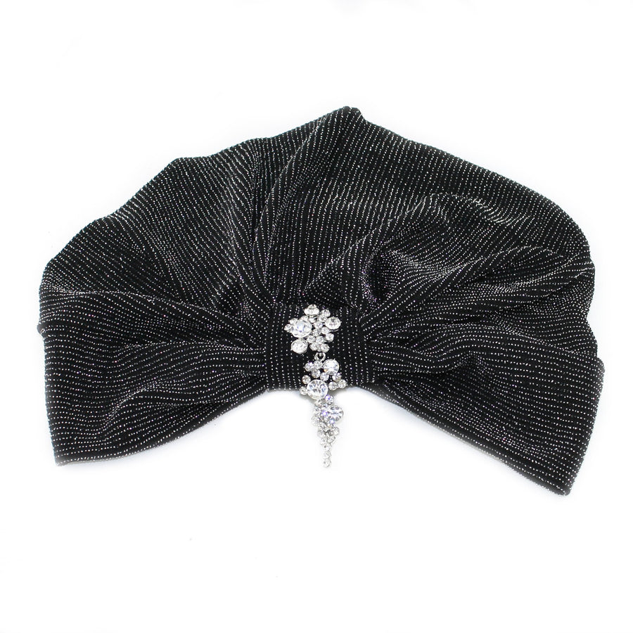 Black Metallic Velvet Cascading Crystals Turban