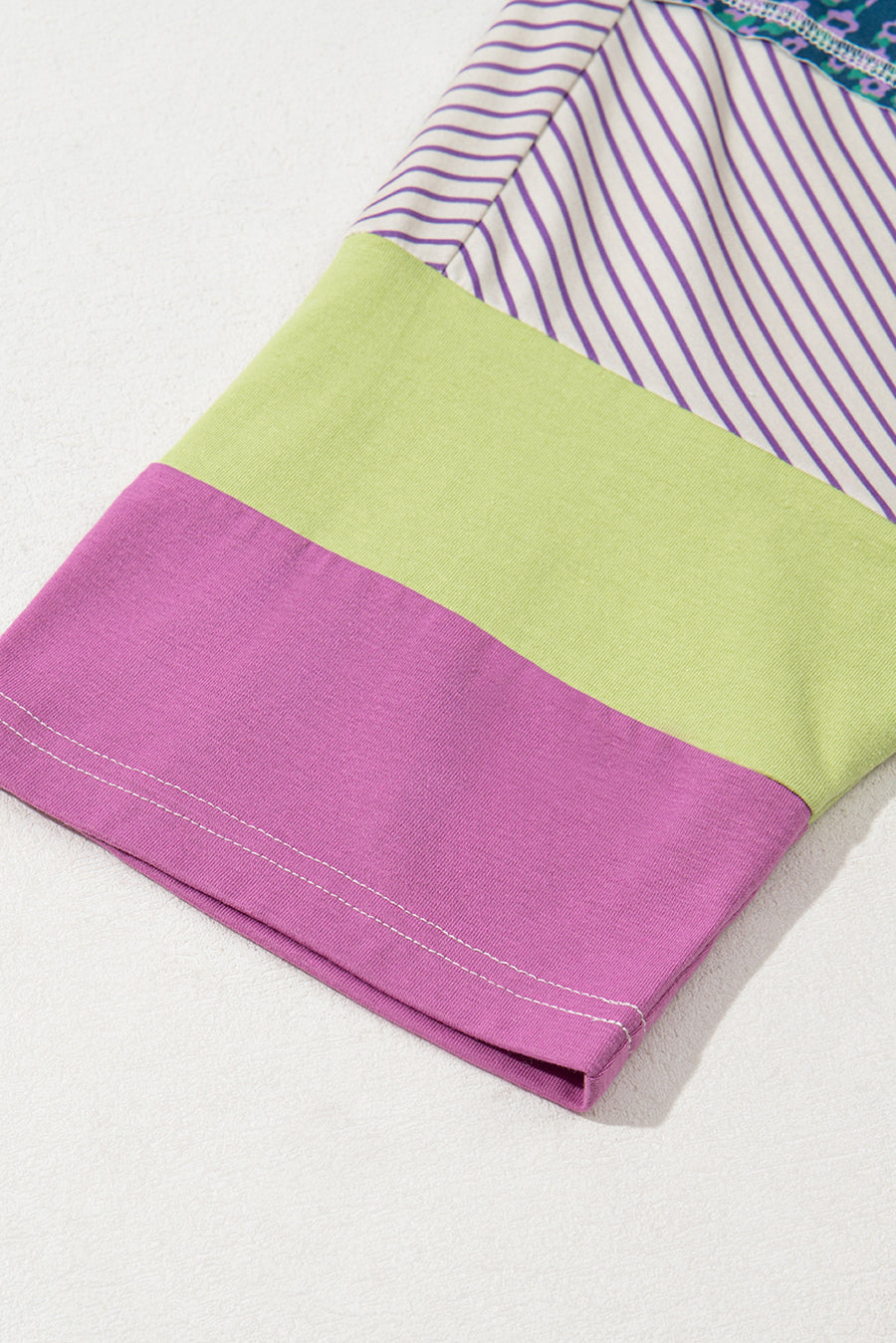 Purple Stripe Floral Color Block Patchwork Stitching Edge T-Shirt