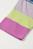 Purple Stripe Floral Color Block Patchwork Stitching Edge T-Shirt