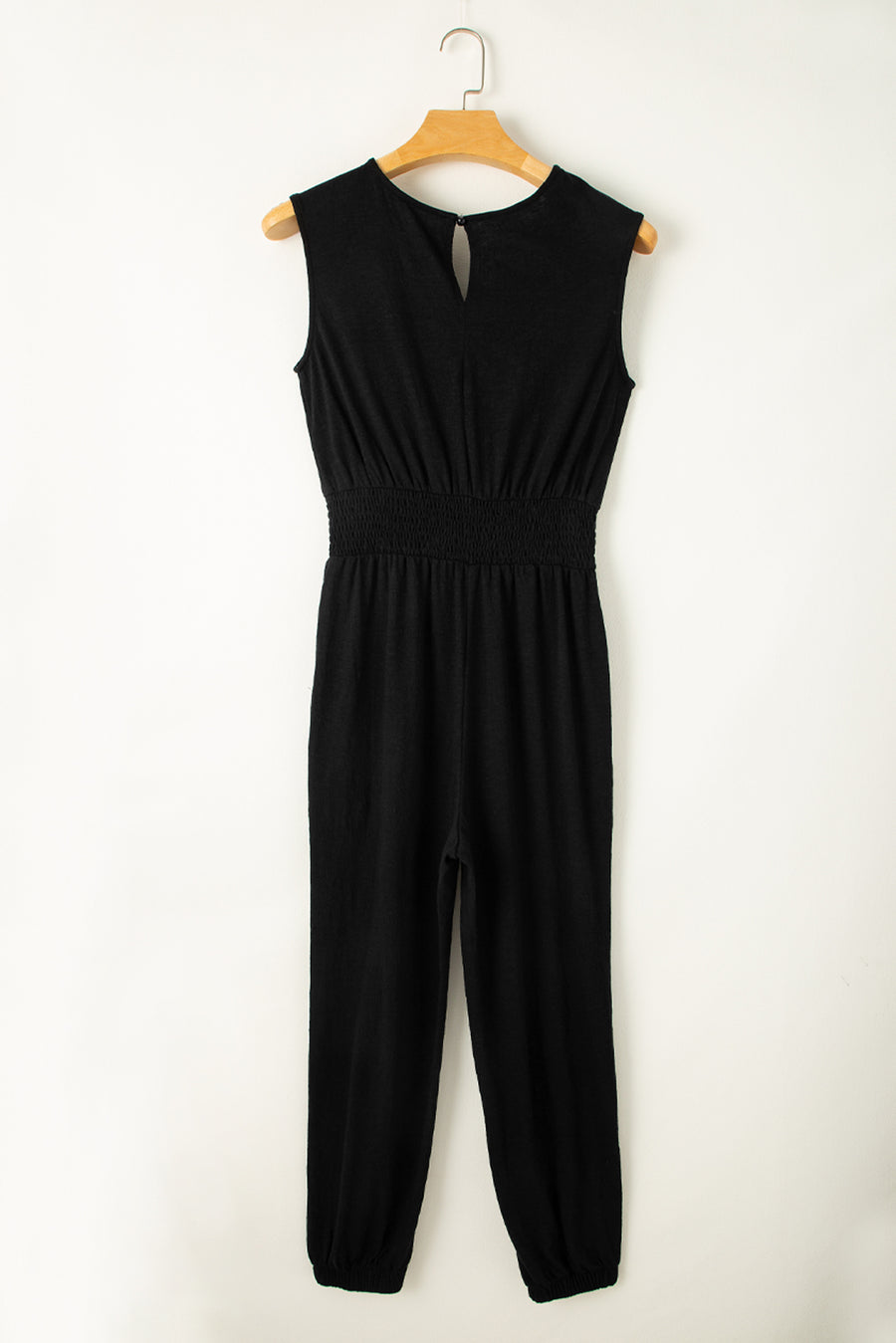 Black Shirred High-Waist V-Neck Sleeveless Jumpsuit