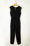 Black Shirred High-Waist V-Neck Sleeveless Jumpsuit