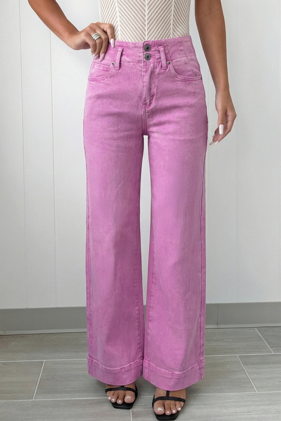 2-Button High Waist Wide Leg Jeans- 4 Colors