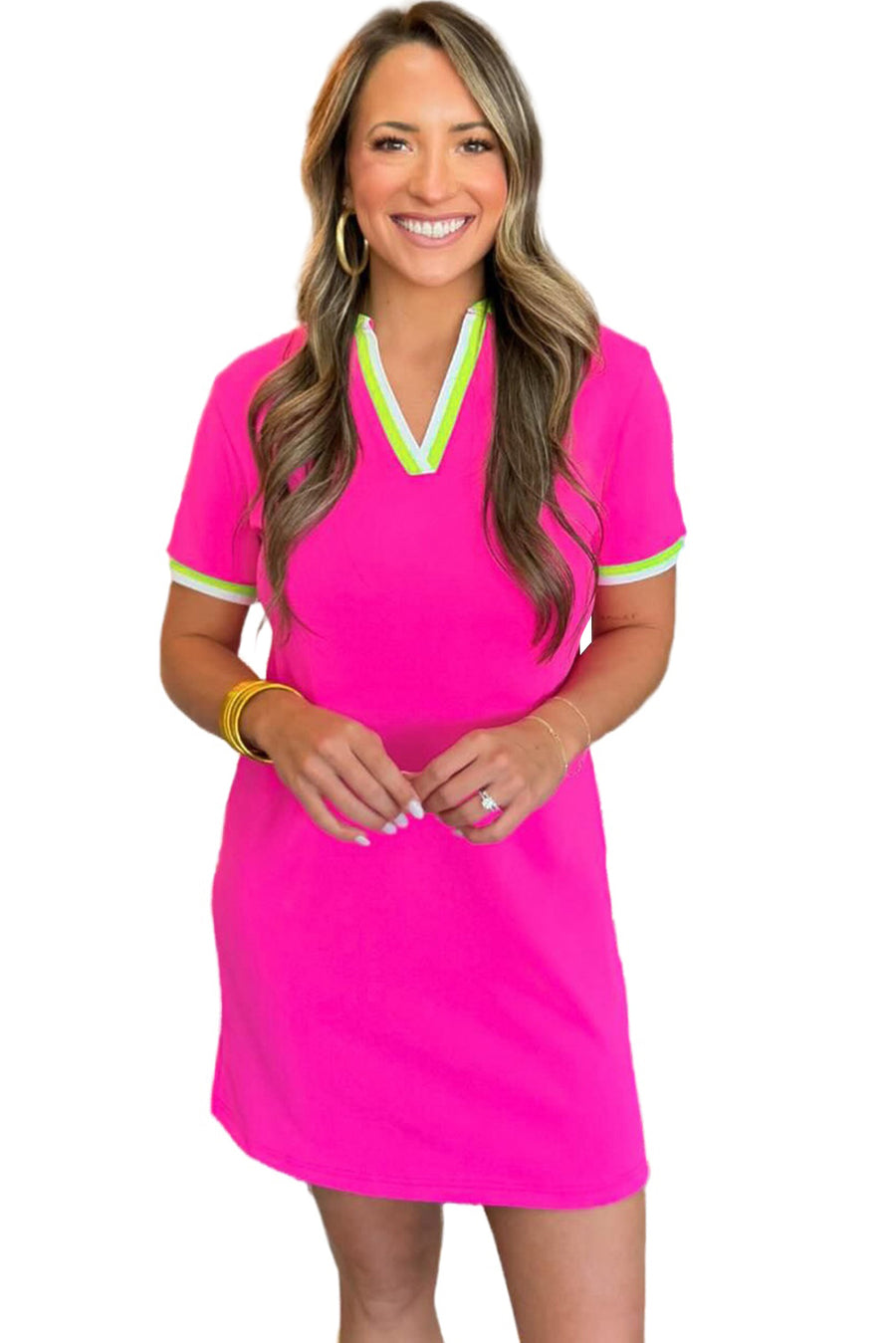 Neon Pink Contrast Neckline T-Shirt Mini Dress