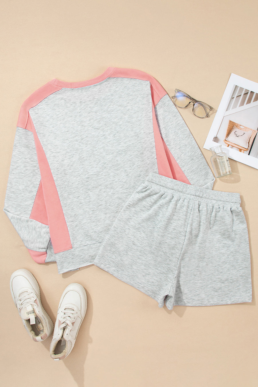 Light Grey & Pink Color Block Raw Hem Pullover Sweatshirt and Shorts Set