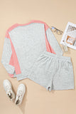 Light Grey & Pink Color Block Raw Hem Pullover Sweatshirt and Shorts Set