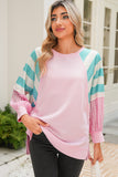 Light Pink Striped Color Block Patchwork Raglan Sleeve Top