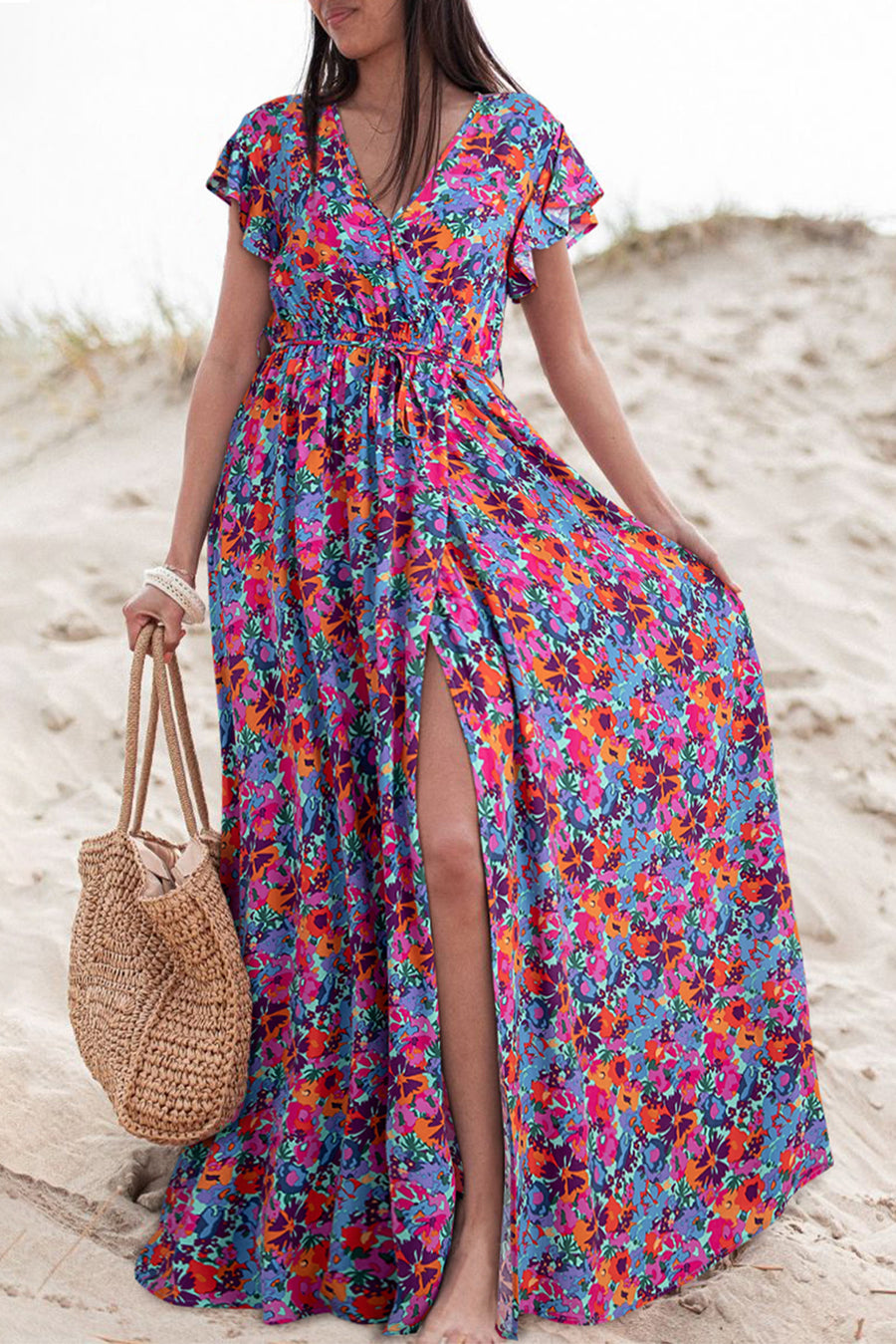 Blue Floral Print V-Neck Wrap Split Maxi Dress