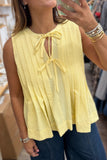 Butter Yellow Waffle Textured Tie Front Notched Neck Pleated Sleeveless Blouse
