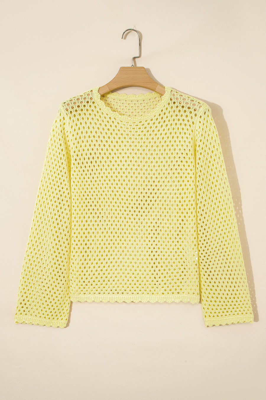 Yellow Cream Scalloped Trim Hollow Out Knit Long Sleeve Top