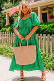 Bright Green Ruched Front Puff Sleeve Plus Size Maxi Dress